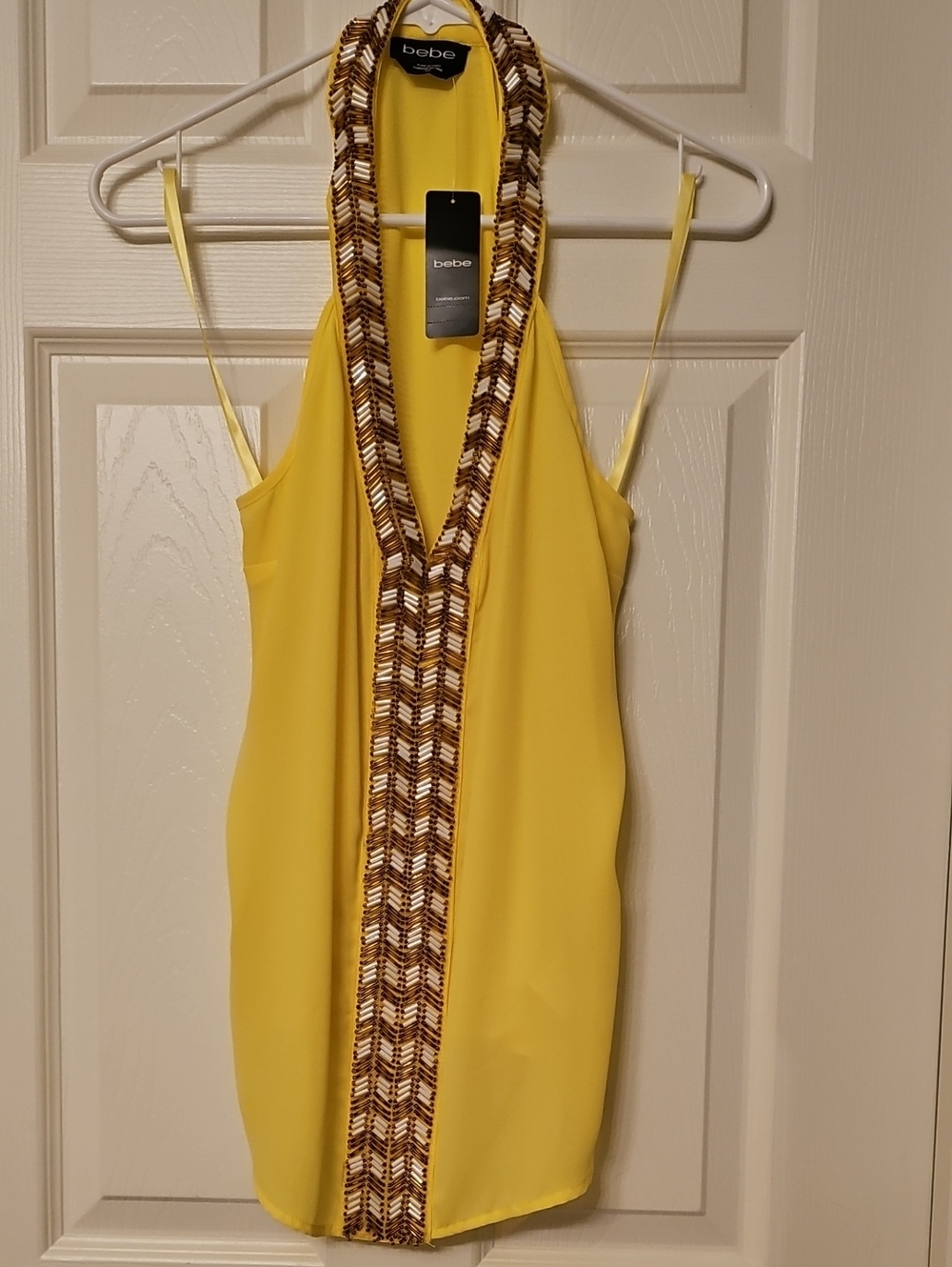 bebe Yellow Halter Mini Dress with Beaded Trim